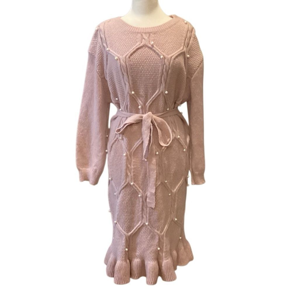 SHEIN Clasi Plus Size Pearl Flounce Hem Sweater Knit Dress Pink - Picture 10 of 12